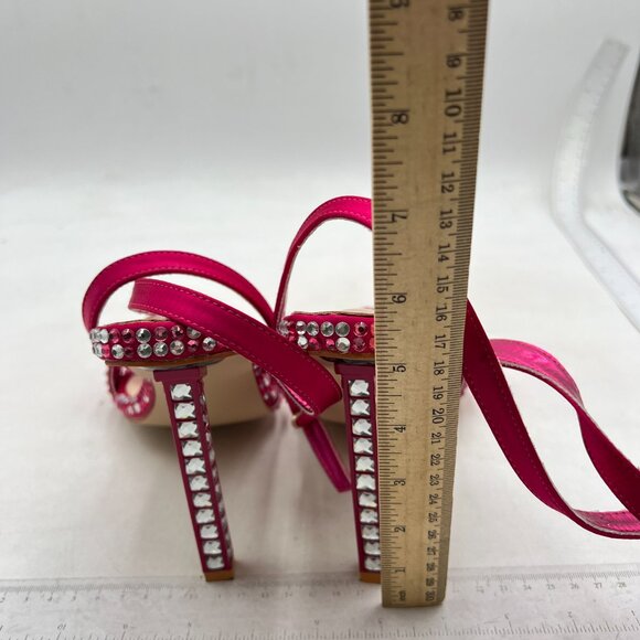 XYD Pink Sparkle Square Open Toe Buckle Ankle Strap Sparkling High Heel Sandals - Picture 5 of 8